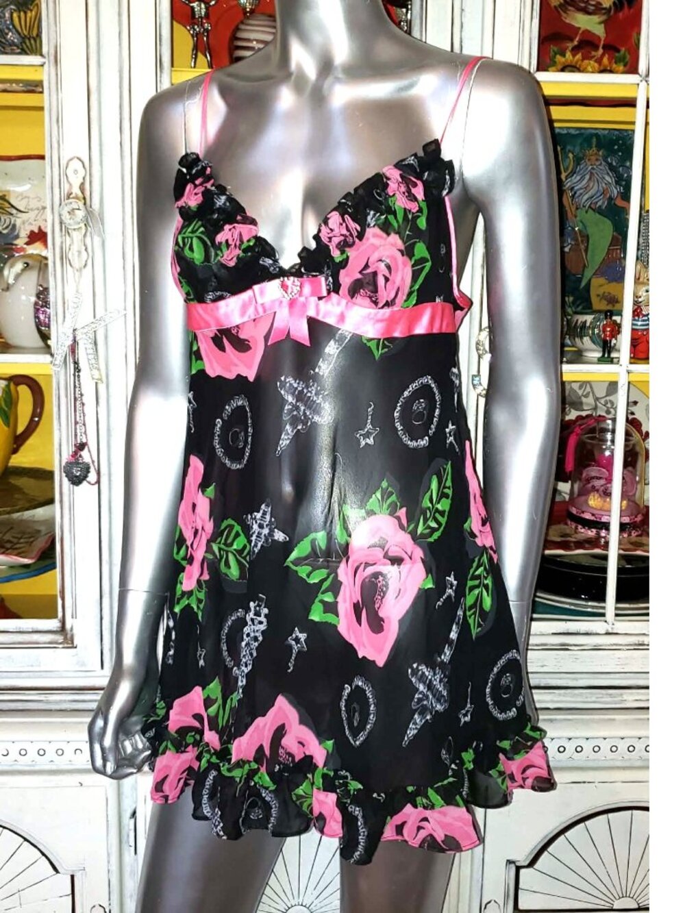 Vintage Betsey Johnson Slip Dress Y2K Black Floral Rose Jewelry Print Babydoll S - Picture 5 of 15